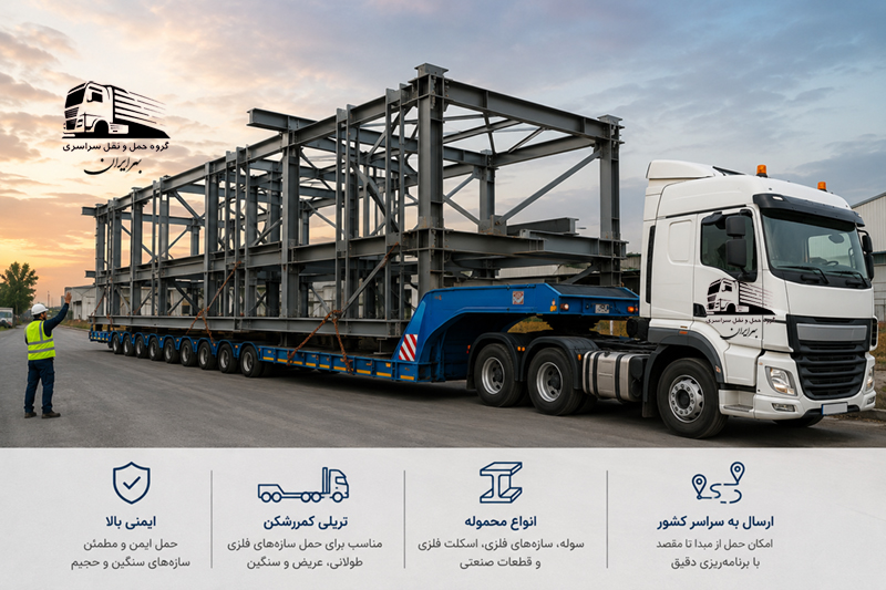 بارگیری اسکلت فلزی روی تریلی کمرشکن پیش از حمل
