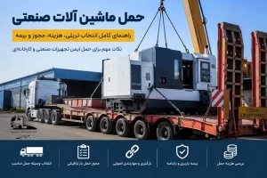 حمل ماشینآلات صنعتی با تریلی کمرشکن شامل بارگیری دستگاه صنعتی سنگین با جرثقیل، مناسب برای جابهجایی تجهیزات کارخانهای و بارهای فوقسنگین